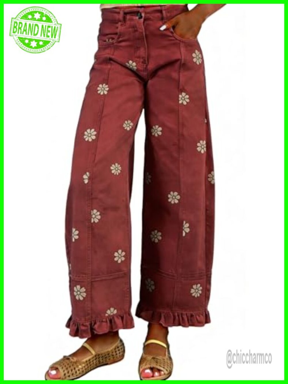 Barrel Jeans Women Floral Print Wide Leg Ankle Denim Pants Y2K Patchwork